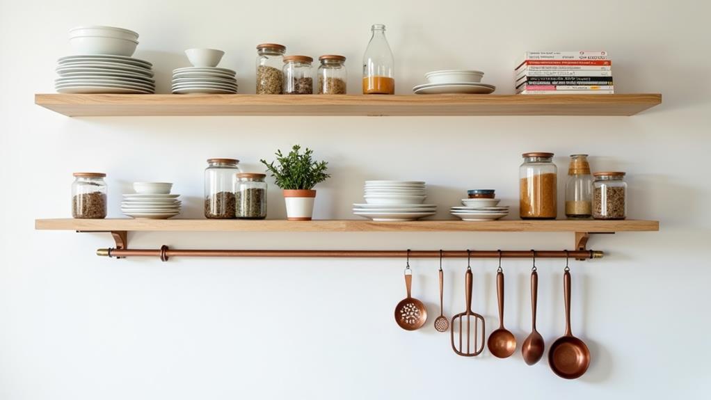 organize open kitchen shelves